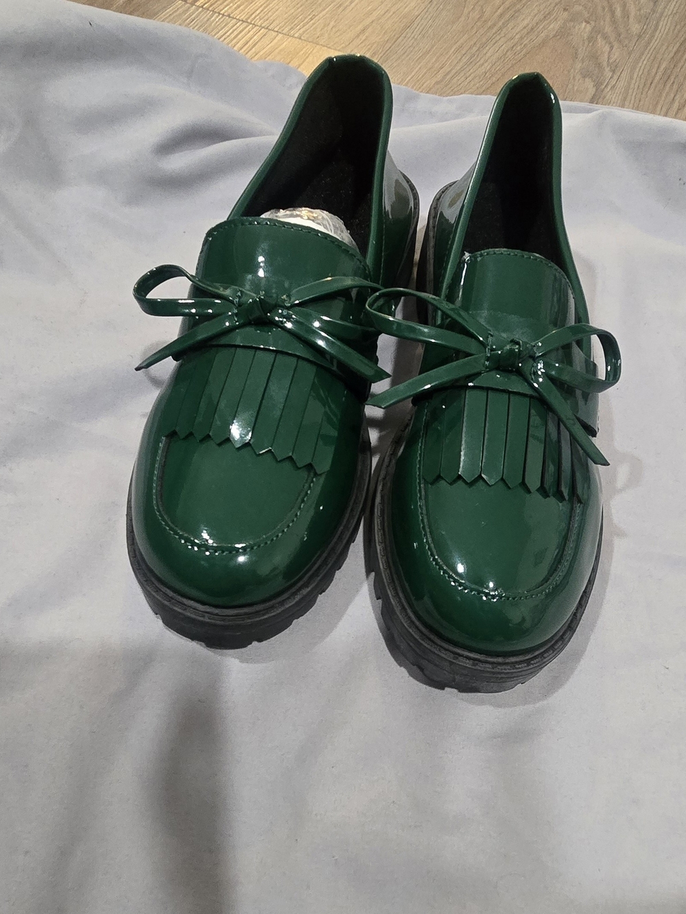 Green Patent Kiltie Loafers with Fringe and Bow